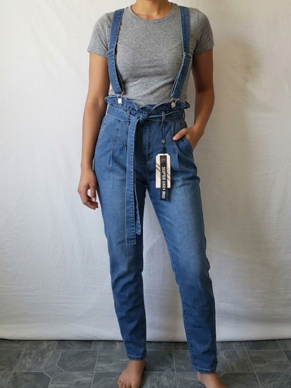 Denim BLVD High-Rise Blue Denim Paperbag Jeans with Removable Suspender Straps